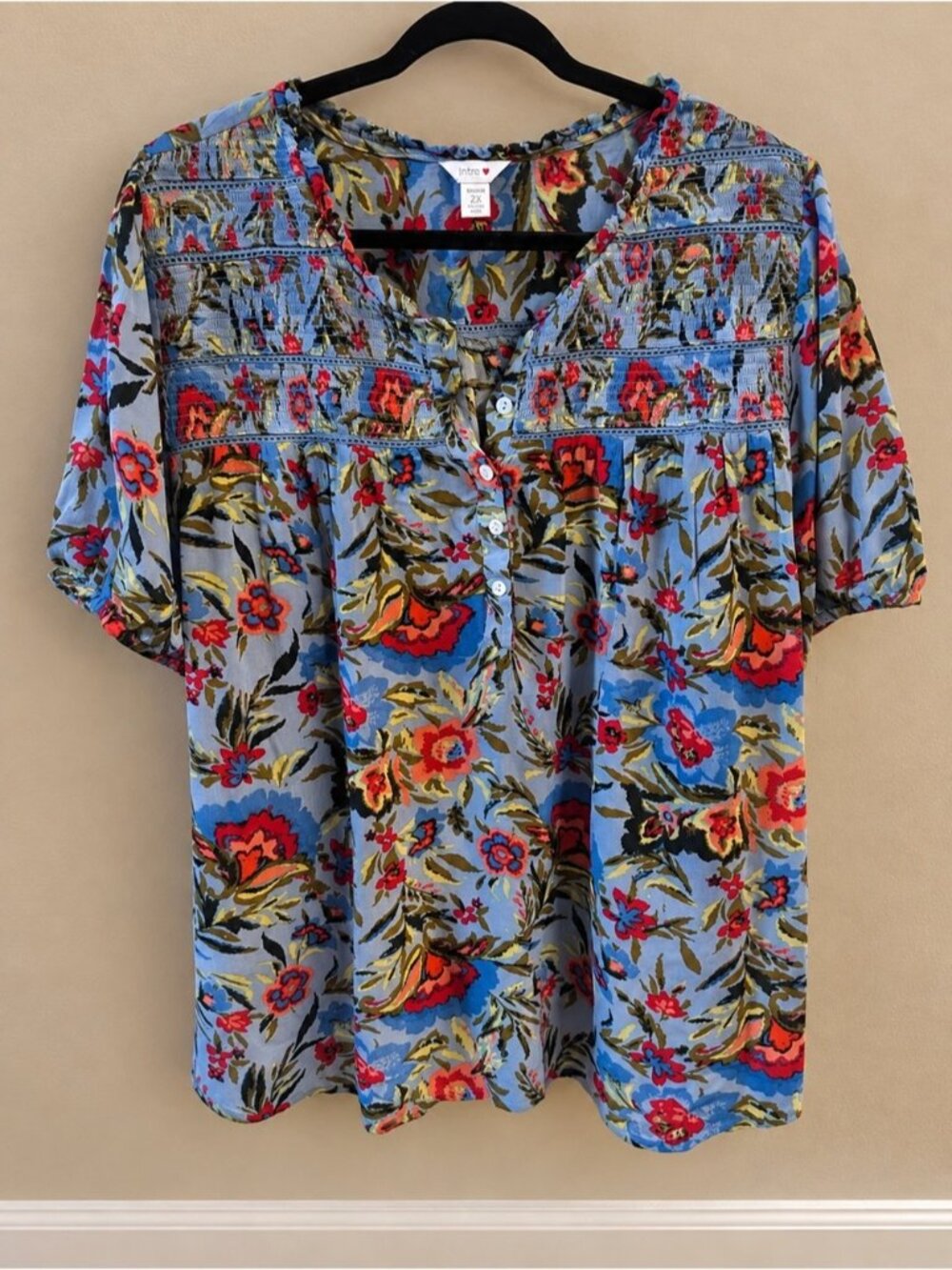 intro. Blue Floral Button-Front Short Sleeve Blouse